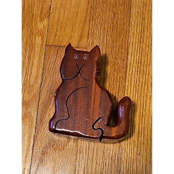 Vintage Wooden Cat Shaped Puzzle Trinket Box, 2.5" 4.5" x 4" - Picture 1 of 11